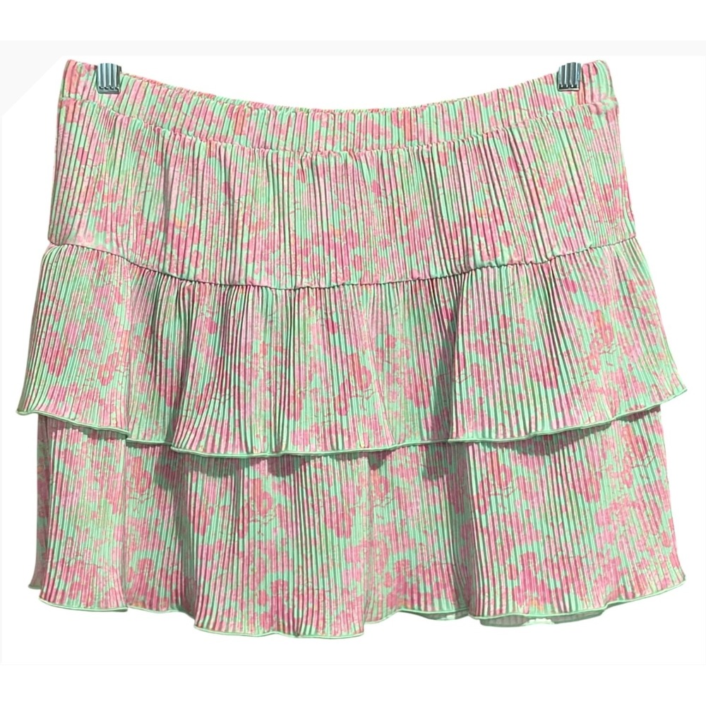 ASOS DESIGN Pink Green Floral Pleated Tiered Mini Skirt Size US 10‎